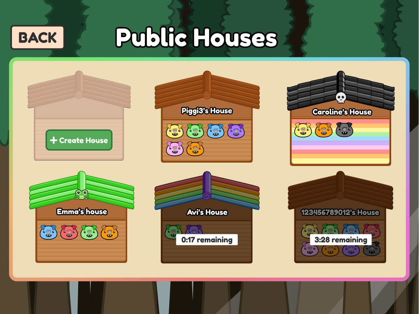 screenshot of Truffle Hogs showing a grid of player-created houses